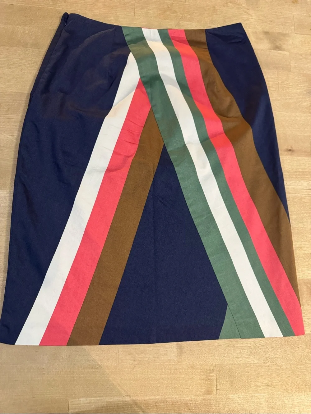 NWOT Boden Navy Pencil Skirt with Coral, Green, White & Brown Stripes